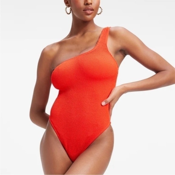 Good American Always Fits Crinkle One Shoulder One Piece Swimsuit Sz 7-8/4XL-5XL - Picture 1 of 16
